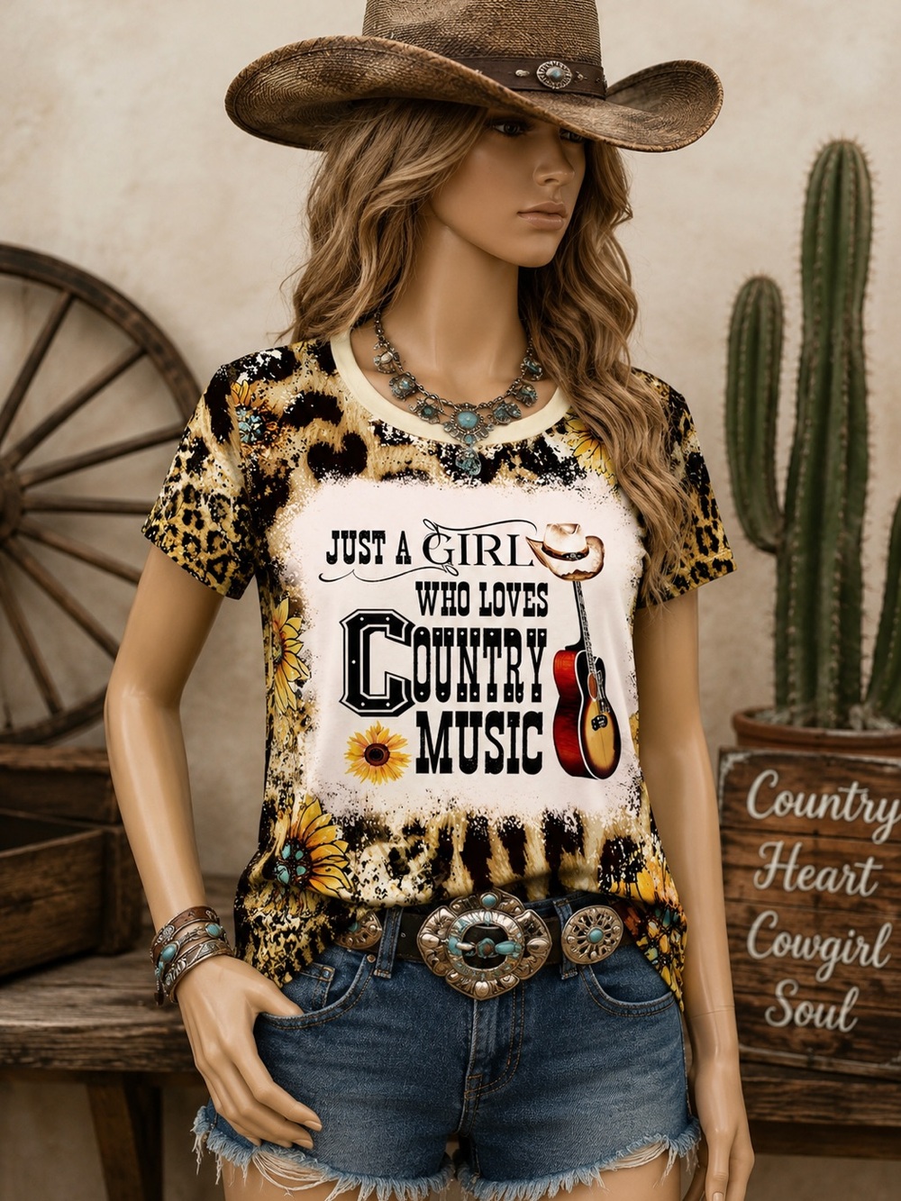 🆕 Women’s Country Music Graphic Tee - Yellow Leopard Print
